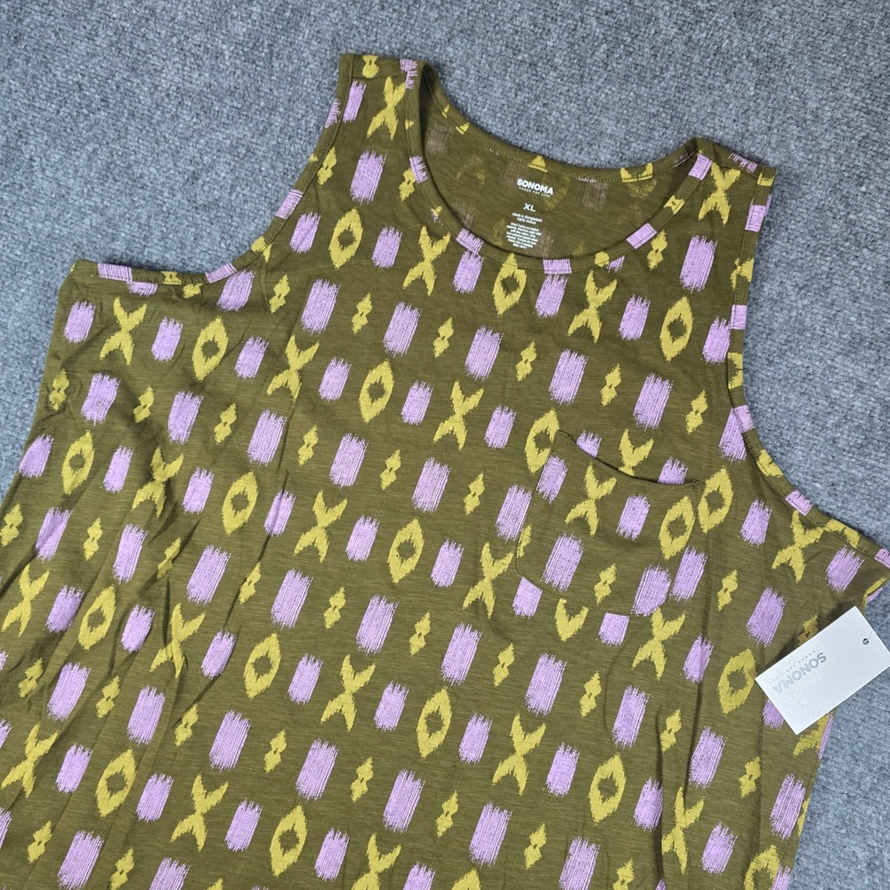 SONOMA Womens XL Green Purple Ikat‎ Print Pocket Tank Top High Neck